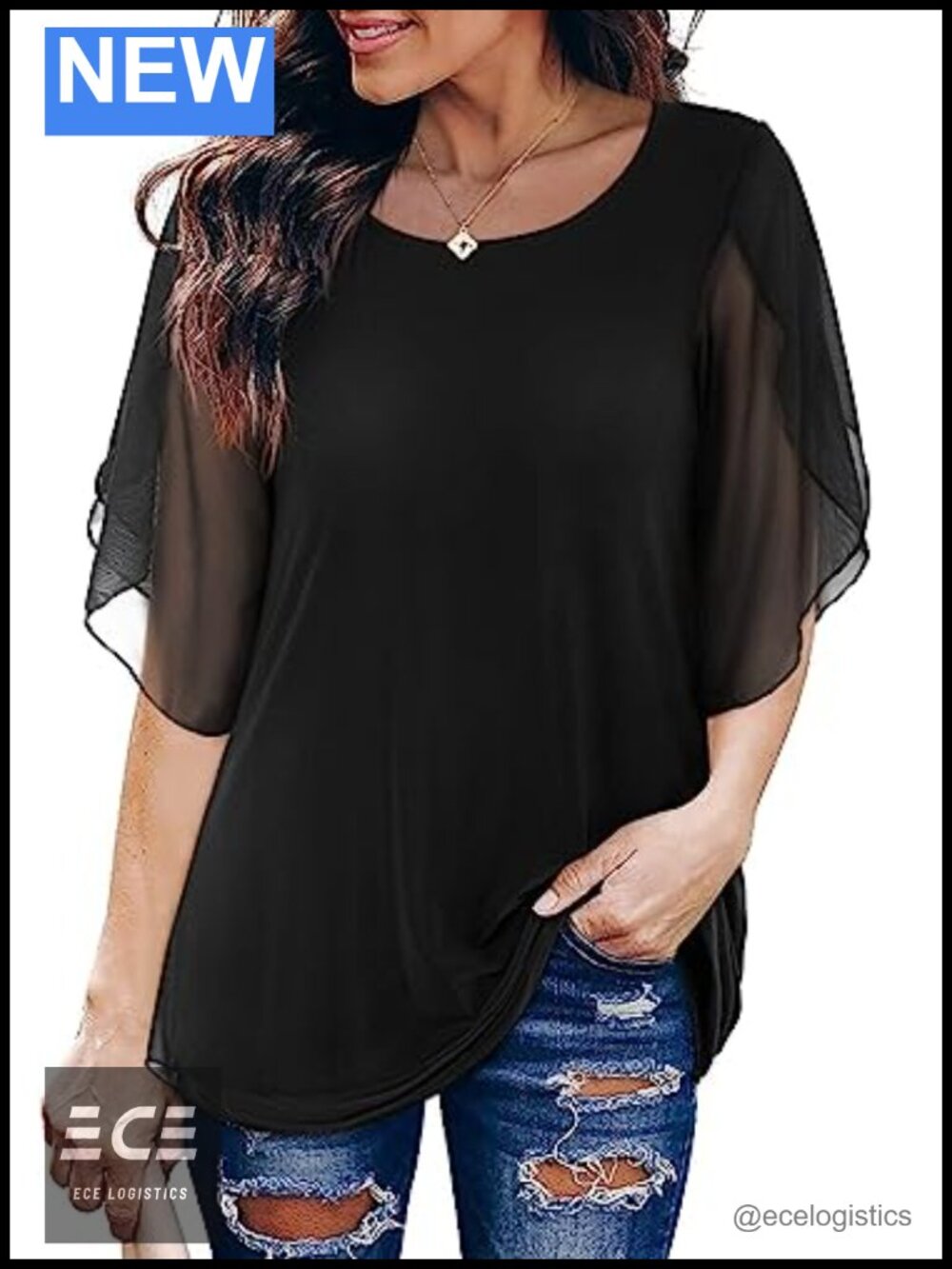 Womens Ruffle 3/4 Sleeve Mesh Blouse Loose Flowy Stretchy Top
